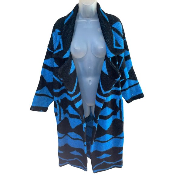 90’s Funky Vintage I.B. Diffusion Blue & Black Geometric Wool Blend Open Front L - Picture 6 of 9